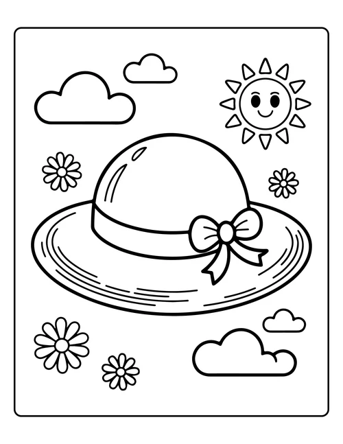 A sun hat surrounded by daisies — free printable monochrome summer coloring page