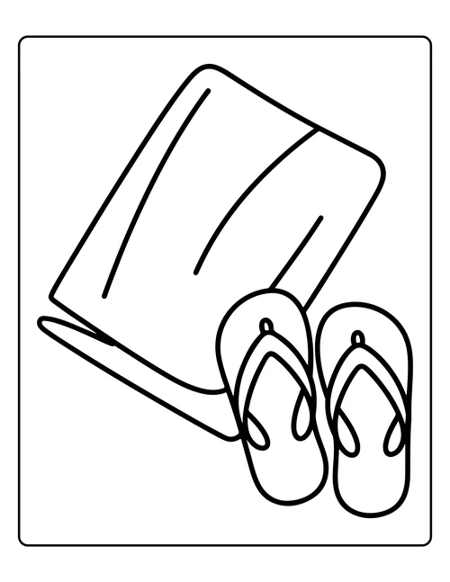 A folded towel with flip-flops — free printable monochrome summer coloring page