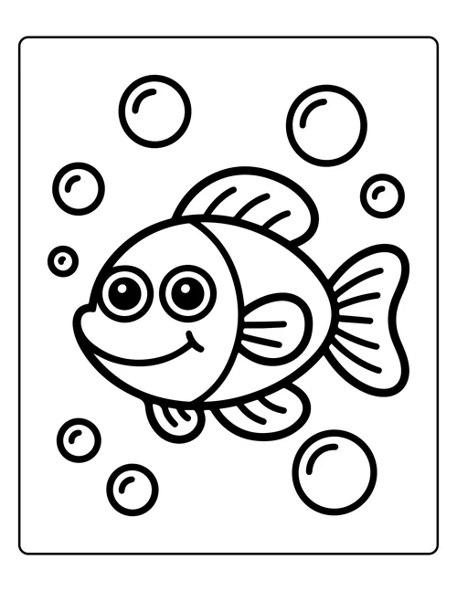 A fish among rising bubbles — free printable monochrome summer coloring page