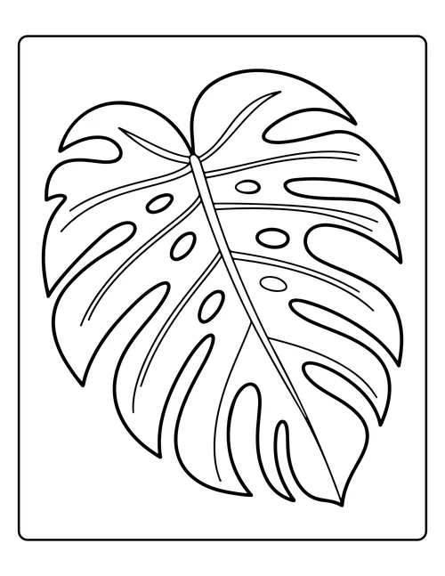 A single monstera leaf — free printable monochrome summer coloring page