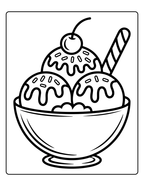 An ice cream sundae with a cherry — free printable monochrome summer coloring page
