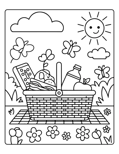 A picnic basket in a flower meadow — free printable monochrome summer coloring page