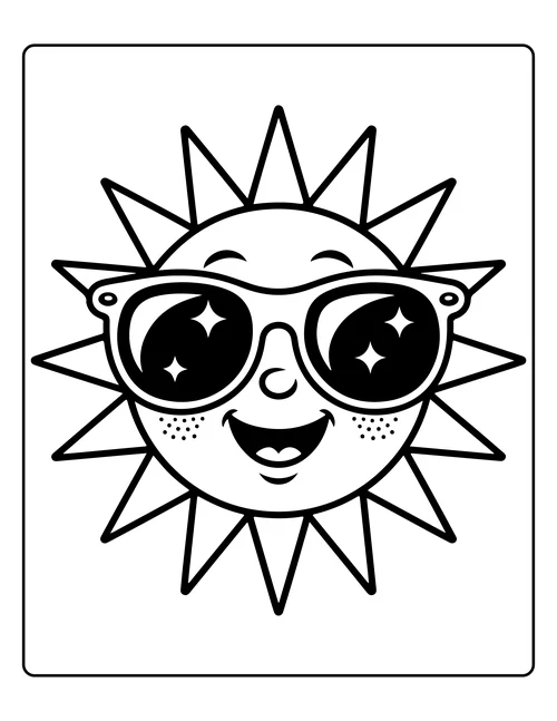 A sun wearing star-lensed sunglasses — free printable monochrome summer coloring page