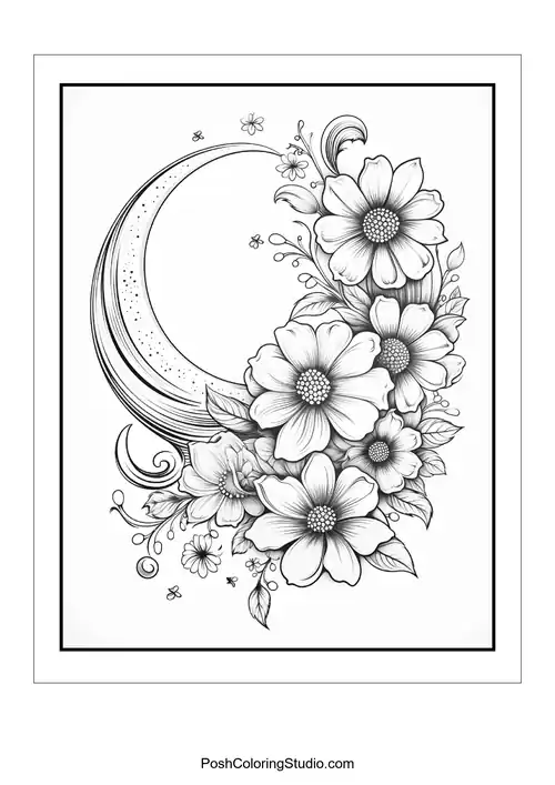 A floral design featuring a crescent moon and various flowers.