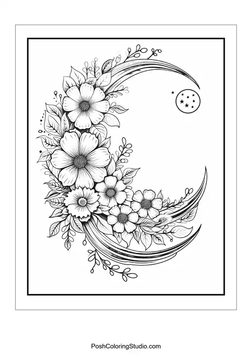 A floral arrangement with a crescent moon and decorative elements.