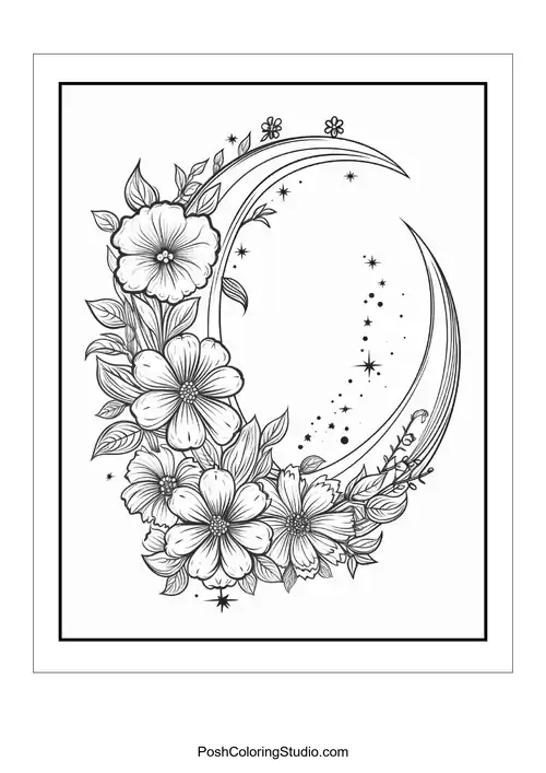 A floral design featuring a crescent moon and various flowers.
