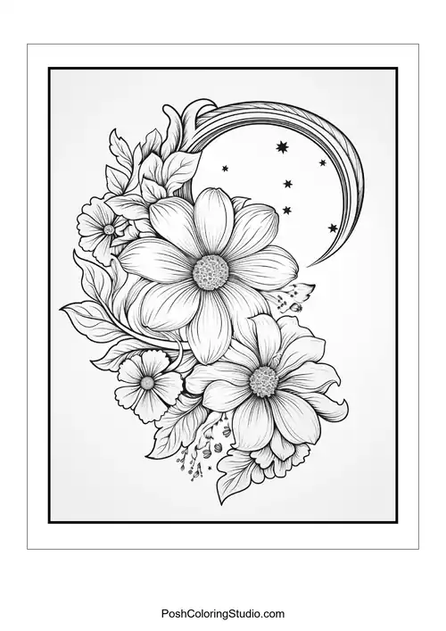 A floral design featuring a crescent moon and various flowers.