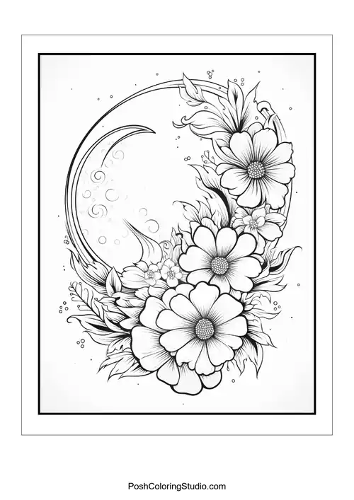 A floral design featuring a crescent moon and various flowers.