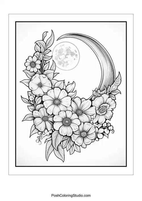 A floral arrangement with a crescent moon and decorative elements.