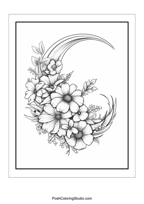 A floral arrangement with a crescent moon and decorative elements.