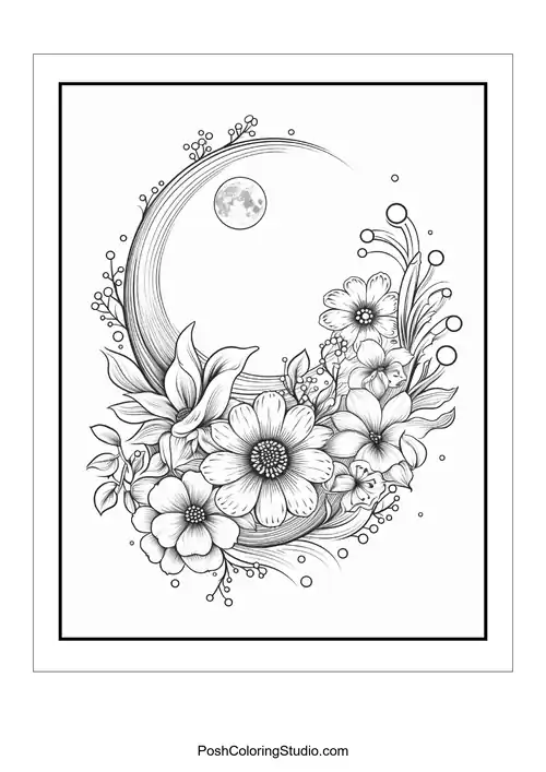 A floral design featuring a crescent moon and various flowers.