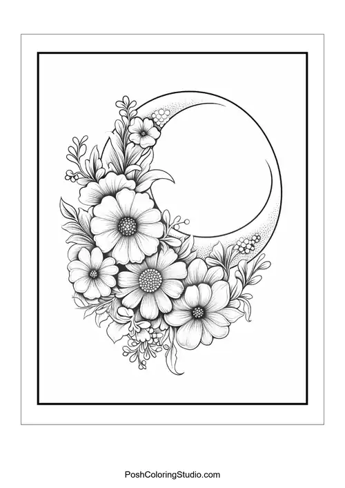 A floral arrangement with a crescent moon and decorative elements.