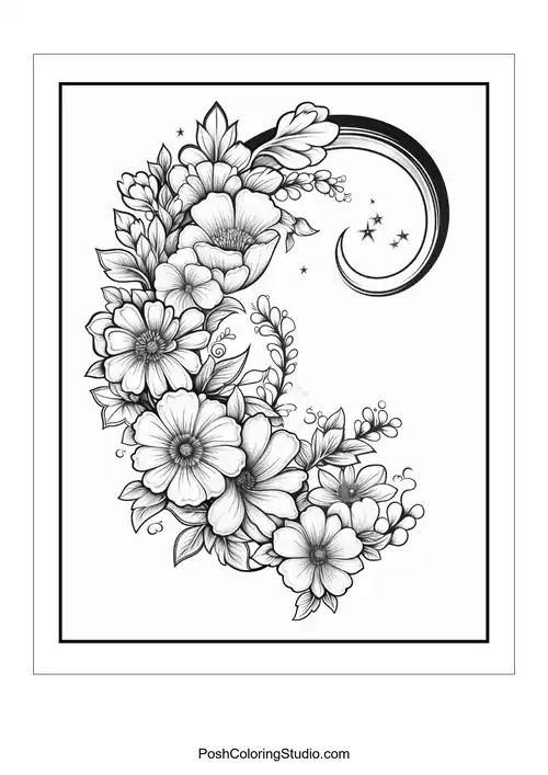 A floral design featuring a crescent moon and various flowers.