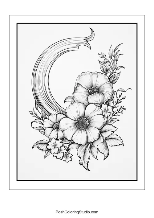 A floral design featuring a crescent moon and various flowers.