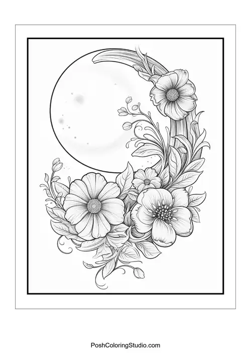 A floral design featuring a crescent moon and various flowers.