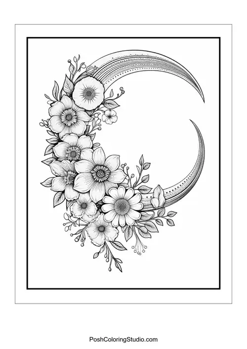A floral arrangement with a crescent moon and decorative elements.