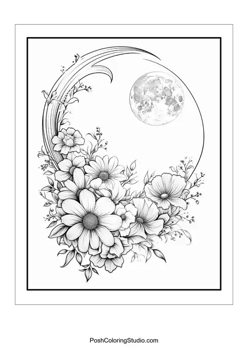 A floral design featuring a crescent moon and various flowers.