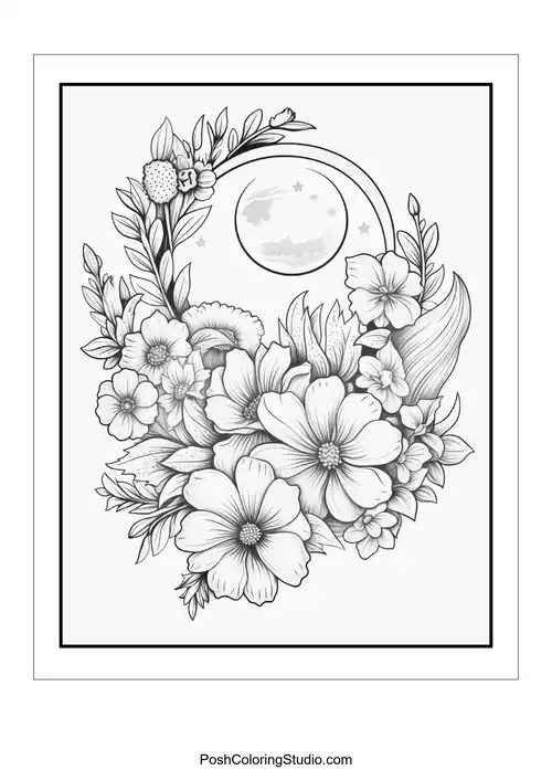 A floral arrangement with a crescent moon and decorative elements.