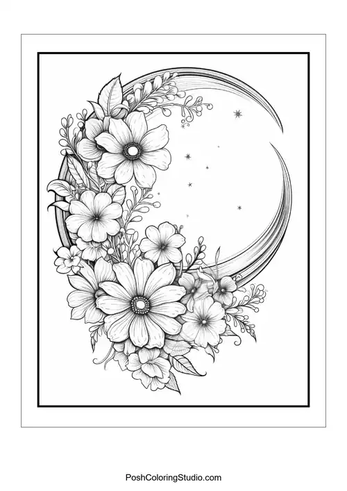 A crescent moon adorned with various flowers and stars.