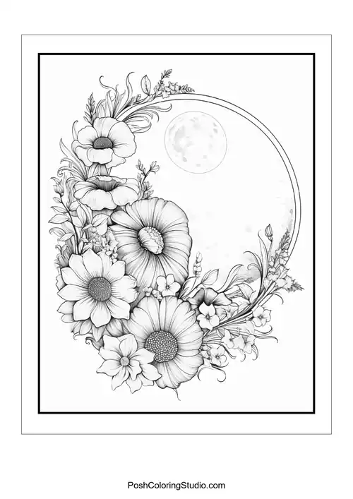 A floral arrangement with a crescent moon and a visible moon.