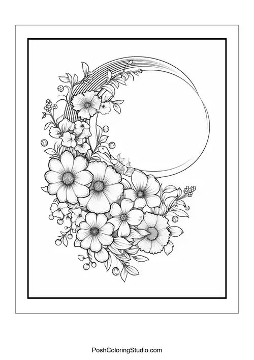 A crescent moon surrounded by an array of flowers and leaves.