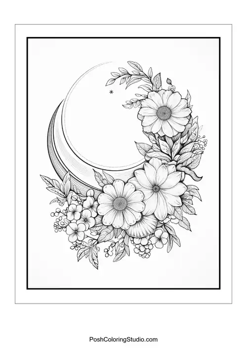 A crescent moon with flowers and intricate leaf patterns.
