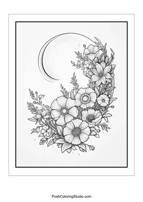 A floral design with a crescent moon and a variety of blooms.