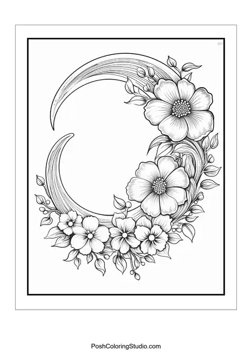 A crescent moon with large flowers and delicate vines.
