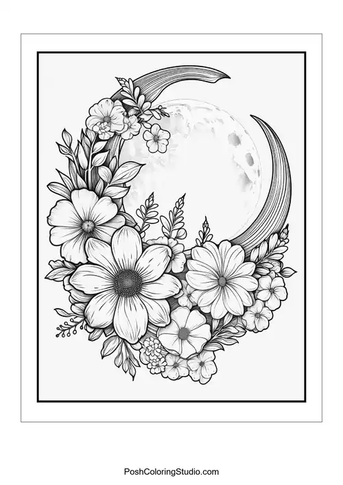 A crescent moon framed by a variety of flowers and leaves.