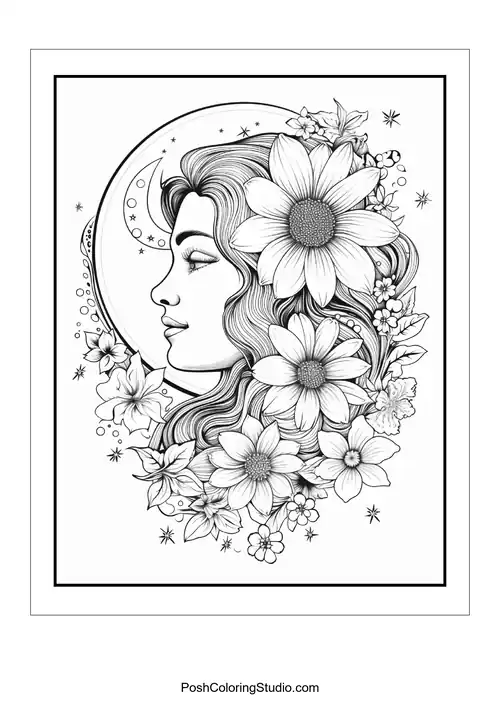 A crescent moon surrounded by flowers and a small star.