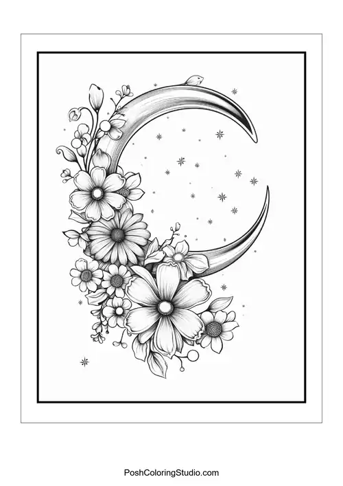 A crescent moon surrounded by intricate floral designs.
