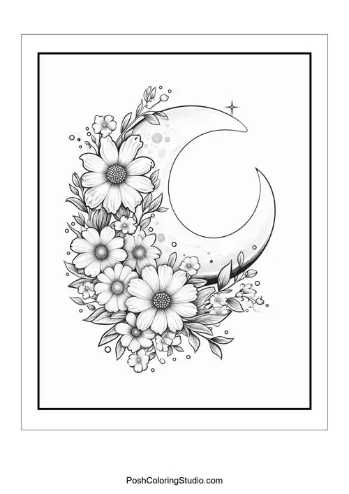 A crescent moon surrounded by flowers and a visible moon.