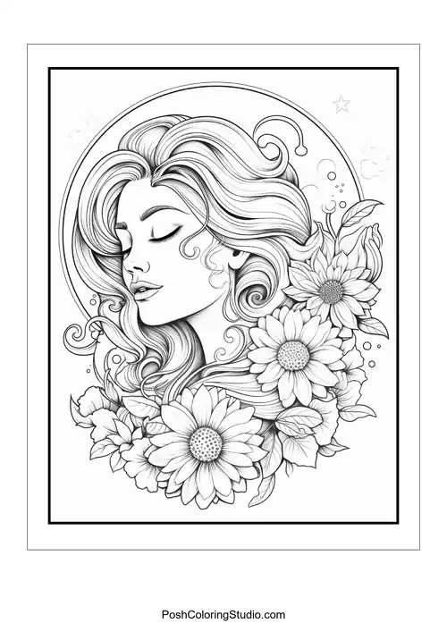 A crescent moon with flowers and intricate leaf patterns.