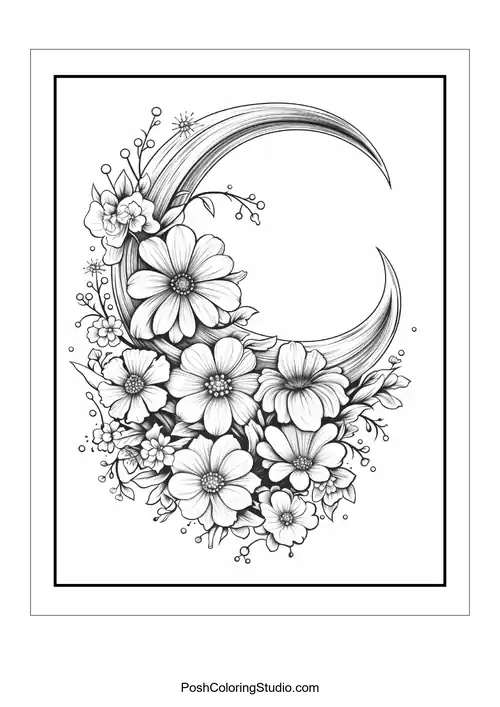 A crescent moon with flowers and a small star.