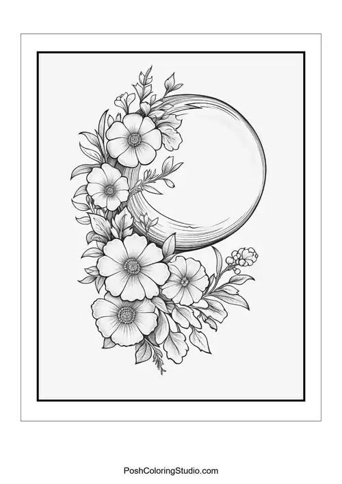 A crescent moon surrounded by an array of flowers and leaves.