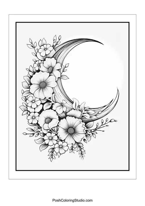A floral arrangement with a crescent moon and decorative elements.