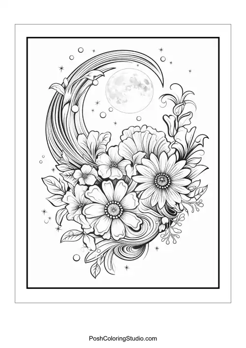 A floral design featuring a crescent moon and various flowers.
