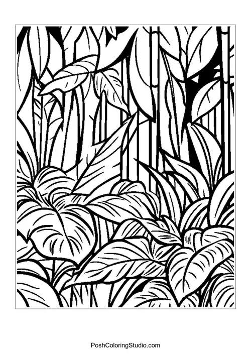 Close-up of large leaves and tall plants in a rainforest.