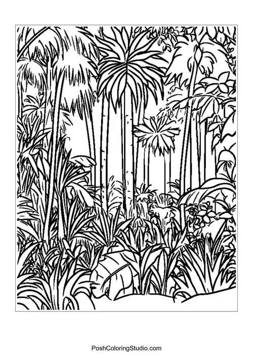 A vibrant jungle scene with various plants.