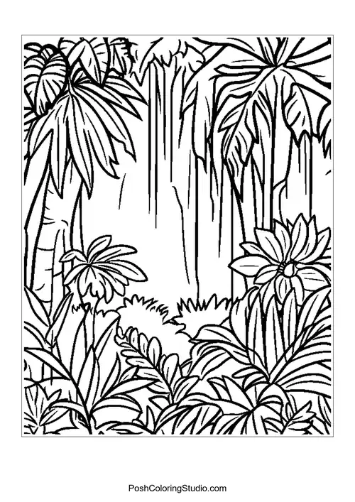 A serene jungle scene with a clear path and lush greenery.