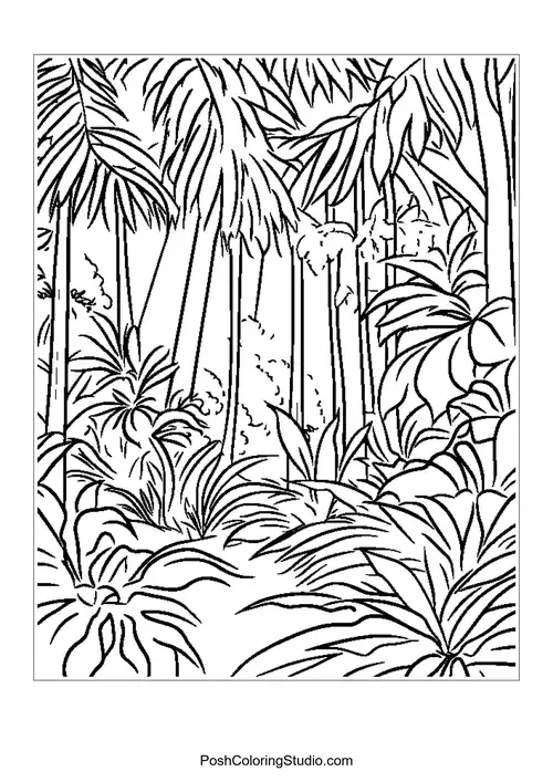 A tranquil rainforest scene with a river and lush plants.