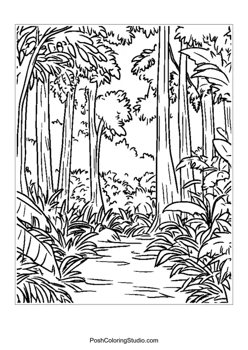 A serene jungle scene with a clear path and lush greenery.