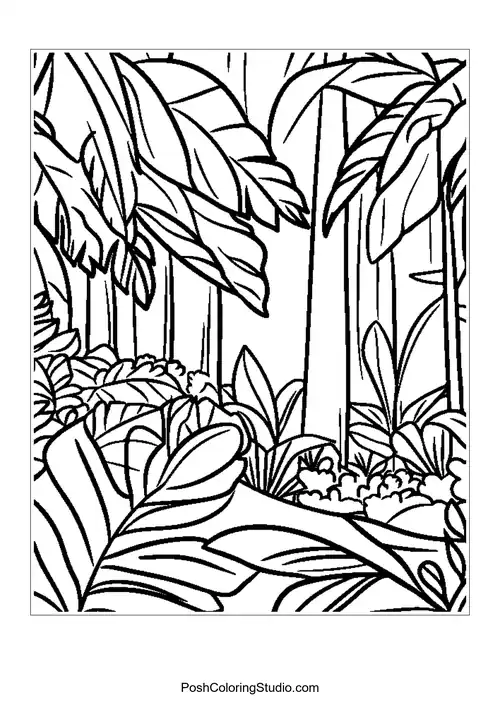 A jungle scene with tall trees and a variety of plants.