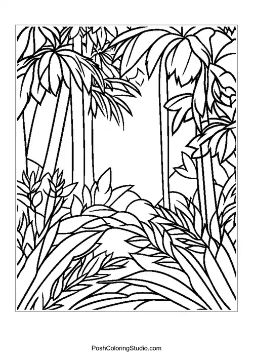 A dense rainforest scene with tall trees and lush foliage.