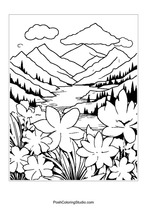 A scenic view of mountains with a river and flowers.