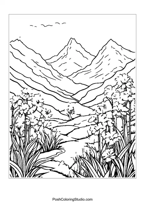 Mountains with a river and flowers in the foreground.