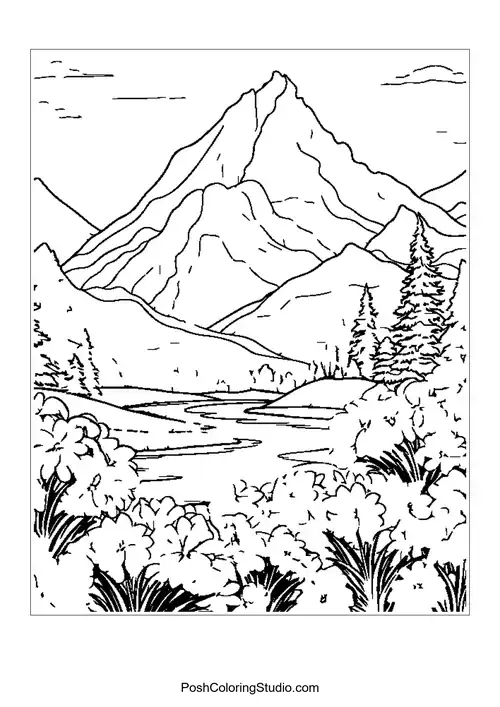 A mountain landscape with flowers and a winding path.