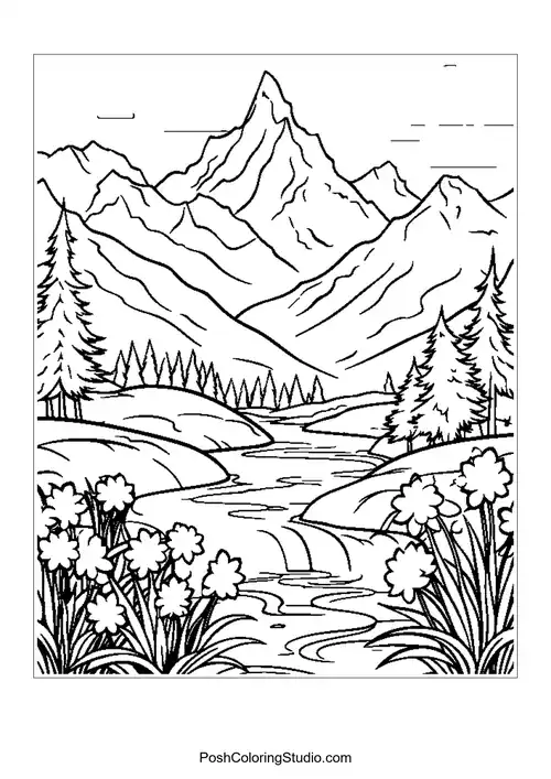 Mountains with a river and flowers in the foreground.