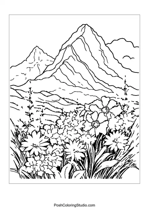 A mountain view with flowers and a river.