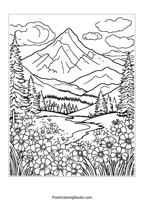 A scenic mountain landscape with flowers in the foreground.